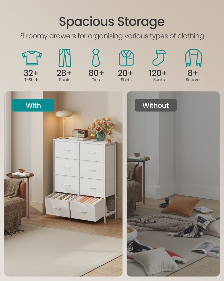 SONGMICS Kommode til sovev�relse, Kommode, St�l, MDF, 8 skuffer i ikke-v�vet stof, Opbevaringsenhed, Skab, Entr&eacute;, Cloud White og Snow White ULGS124WH01