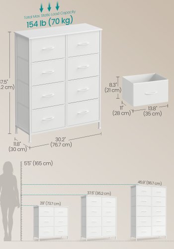 SONGMICS Kommode til sovev�relse, Kommode, St�l, MDF, 8 skuffer i ikke-v�vet stof, Opbevaringsenhed, Skab, Entr&eacute;, Cloud White og Snow White ULGS124WH01
