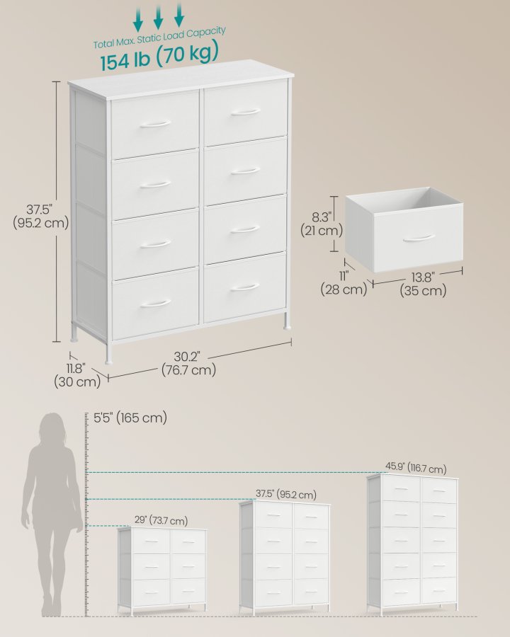 SONGMICS Kommode til sovev�relse, Kommode, St�l, MDF, 8 skuffer i ikke-v�vet stof, Opbevaringsenhed, Skab, Entr&eacute;, Cloud White og Snow White ULGS124WH01
