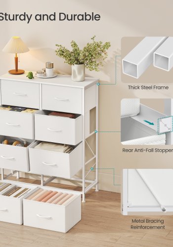 SONGMICS Kommode til sovev�relse, Kommode, St�l, MDF, 8 skuffer i ikke-v�vet stof, Opbevaringsenhed, Skab, Entr&eacute;, Cloud White og Snow White ULGS124WH01