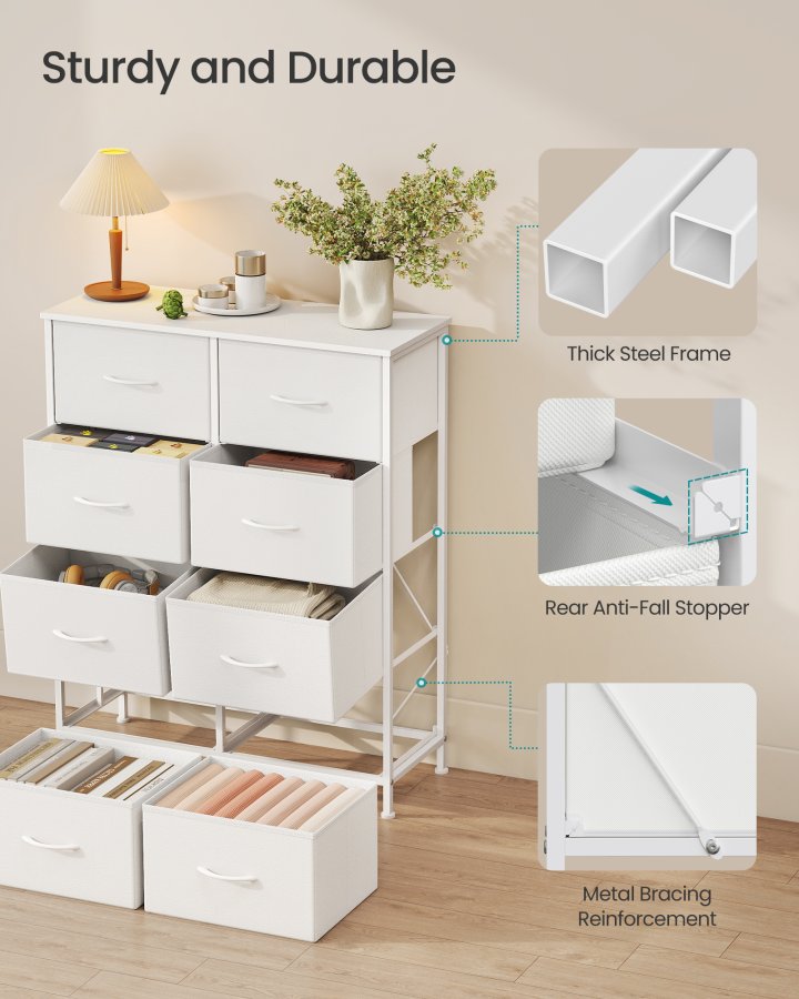SONGMICS Kommode til sovev�relse, Kommode, St�l, MDF, 8 skuffer i ikke-v�vet stof, Opbevaringsenhed, Skab, Entr&eacute;, Cloud White og Snow White ULGS124WH01