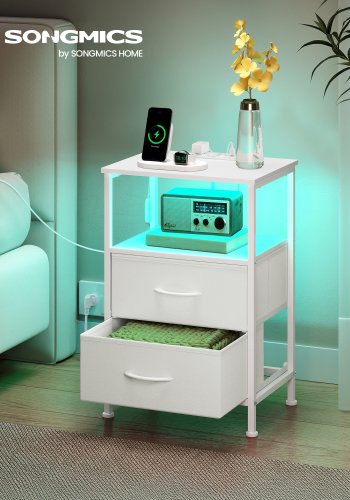 SONGMICS LGS302WH03 Bellah natbord, m. ladestation, app-styring, justerbar LED-lys, 1 �bent rum, 2 skuffer - hvid MDF, sp�nplade og st�l (39,6x30)