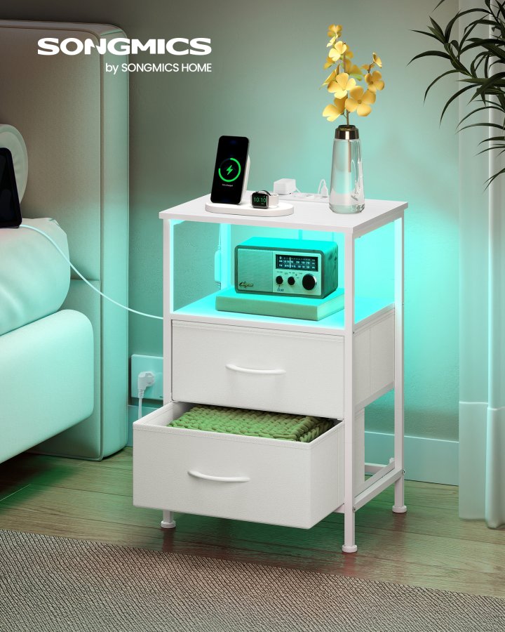 SONGMICS BELLAH Collection LGS302WH03 Natbord med ladestation, Sidebord med app-styring, Justerbar LED-belysning, 1 �bent rum, 2 skuffer, Cloud White/Snehvid