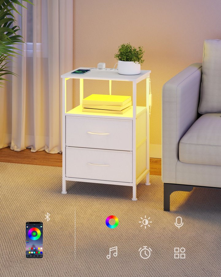 SONGMICS BELLAH Collection LGS302WH03 Natbord med ladestation, Sidebord med app-styring, Justerbar LED-belysning, 1 �bent rum, 2 skuffer, Cloud White/Snehvid