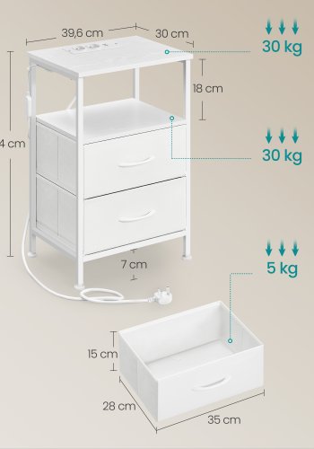 SONGMICS BELLAH Collection LGS302WH03 Natbord med ladestation, Sidebord med app-styring, Justerbar LED-belysning, 1 �bent rum, 2 skuffer, Cloud White/Snehvid