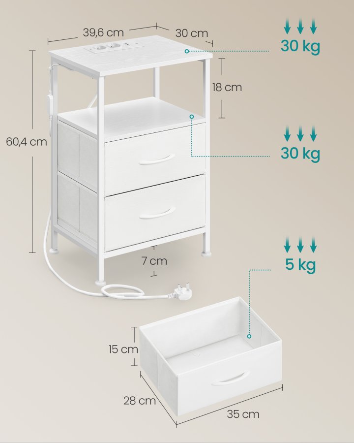 SONGMICS BELLAH Collection LGS302WH03 Natbord med ladestation, Sidebord med app-styring, Justerbar LED-belysning, 1 �bent rum, 2 skuffer, Cloud White/Snehvid