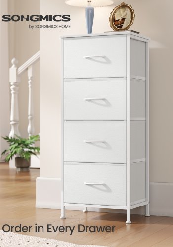 SONGMICS kommode, m. 4 hvide stofskuffer - hvid MDF/sp�nplade/st�l