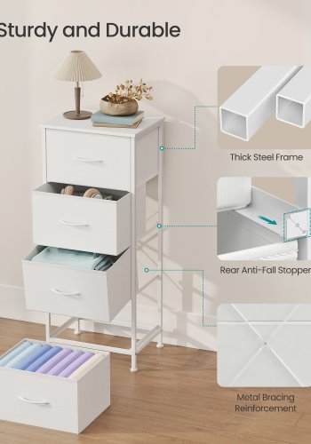 Skuffeopbevaringsm�bel, Kommode til sovev�relse, Skab, 4 stofskuffer, Hvid