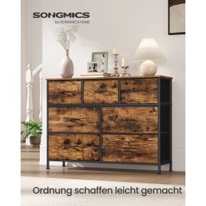 SONGMICS Kommode, 7 opbevaringsskuffer Sovev�relse, Opbevaringsm�bel, St�l, MDF, Ikke-v�vet stof, Til Sovev�relse, Skab, Entre, Stue, Rustik Brun og Bl�ksort LGS323BH04