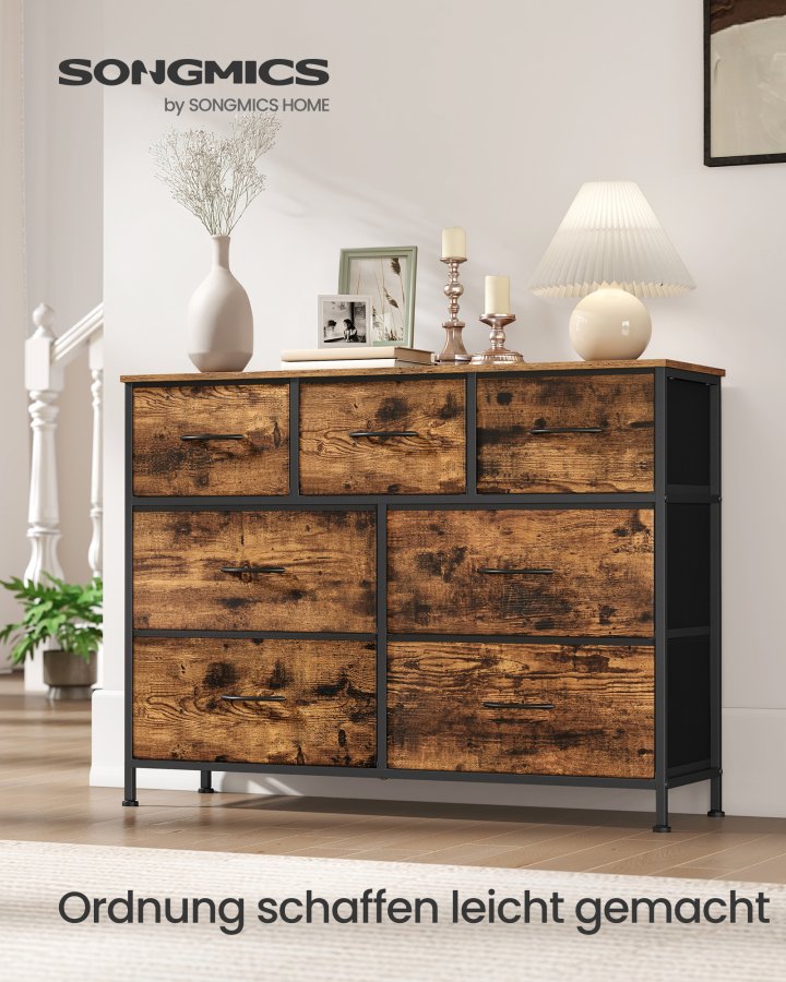 SONGMICS Kommode, 7 opbevaringsskuffer Sovev�relse, Opbevaringsm�bel, St�l, MDF, Ikke-v�vet stof, Til Sovev�relse, Skab, Entre, Stue, Rustik Brun og Bl�ksort LGS323BH04