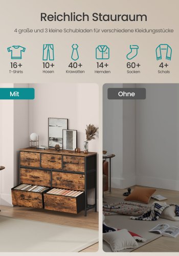 SONGMICS Kommode, 7 opbevaringsskuffer Sovev�relse, Opbevaringsm�bel, St�l, MDF, Ikke-v�vet stof, Til Sovev�relse, Skab, Entre, Stue, Rustik Brun og Bl�ksort LGS323BH04