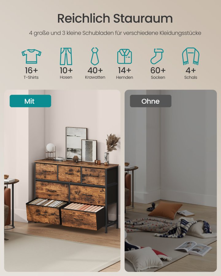 SONGMICS Kommode, 7 opbevaringsskuffer Sovev�relse, Opbevaringsm�bel, St�l, MDF, Ikke-v�vet stof, Til Sovev�relse, Skab, Entre, Stue, Rustik Brun og Bl�ksort LGS323BH04