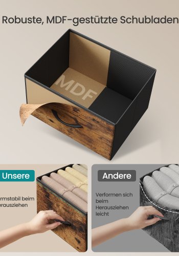 SONGMICS Kommode, 7 opbevaringsskuffer Sovev�relse, Opbevaringsm�bel, St�l, MDF, Ikke-v�vet stof, Til Sovev�relse, Skab, Entre, Stue, Rustik Brun og Bl�ksort LGS323BH04