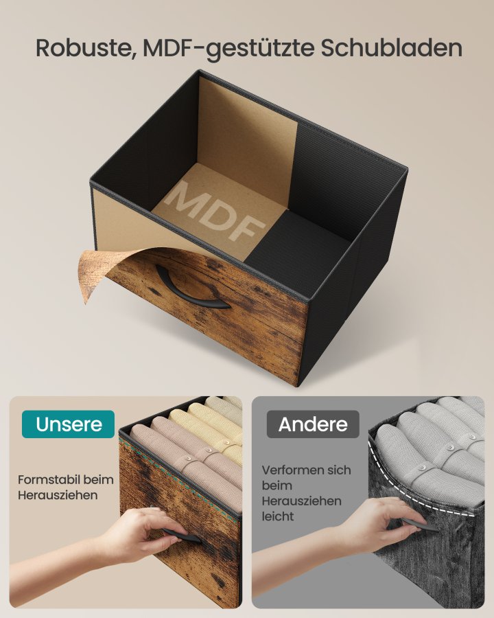 SONGMICS Kommode, 7 opbevaringsskuffer Sovev�relse, Opbevaringsm�bel, St�l, MDF, Ikke-v�vet stof, Til Sovev�relse, Skab, Entre, Stue, Rustik Brun og Bl�ksort LGS323BH04