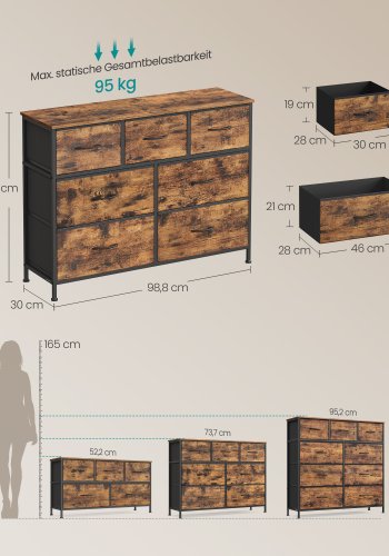 SONGMICS Kommode, 7 opbevaringsskuffer Sovev�relse, Opbevaringsm�bel, St�l, MDF, Ikke-v�vet stof, Til Sovev�relse, Skab, Entre, Stue, Rustik Brun og Bl�ksort LGS323BH04