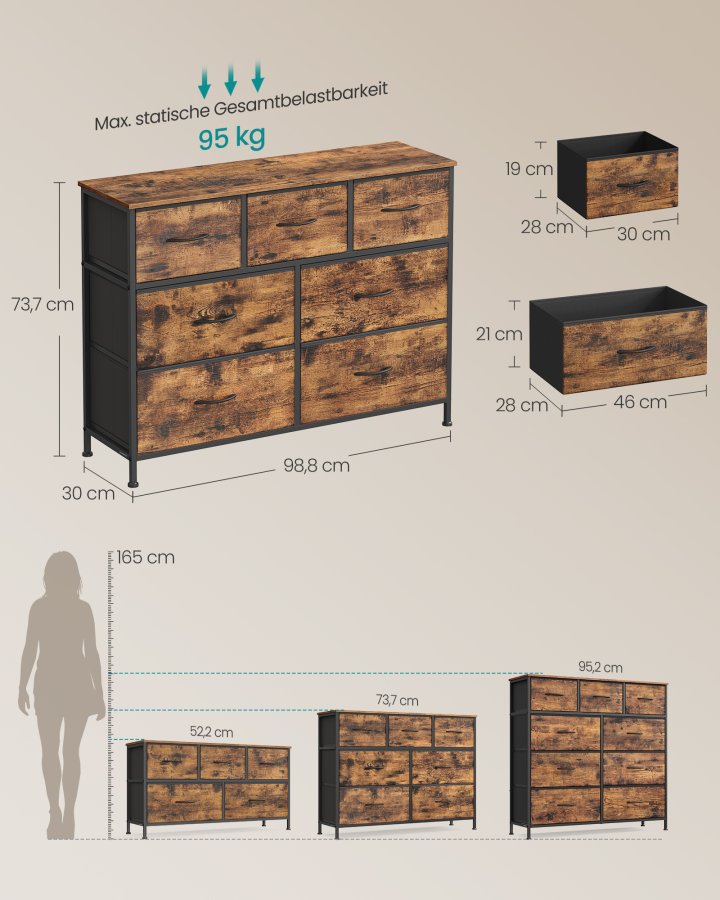 SONGMICS Kommode, 7 opbevaringsskuffer Sovev�relse, Opbevaringsm�bel, St�l, MDF, Ikke-v�vet stof, Til Sovev�relse, Skab, Entre, Stue, Rustik Brun og Bl�ksort LGS323BH04