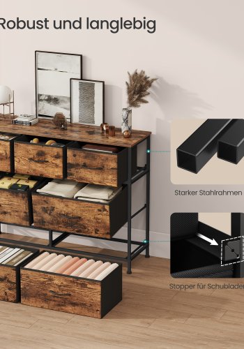 SONGMICS Kommode, 7 opbevaringsskuffer Sovev�relse, Opbevaringsm�bel, St�l, MDF, Ikke-v�vet stof, Til Sovev�relse, Skab, Entre, Stue, Rustik Brun og Bl�ksort LGS323BH04