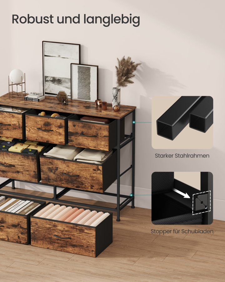 SONGMICS Kommode, 7 opbevaringsskuffer Sovev�relse, Opbevaringsm�bel, St�l, MDF, Ikke-v�vet stof, Til Sovev�relse, Skab, Entre, Stue, Rustik Brun og Bl�ksort LGS323BH04