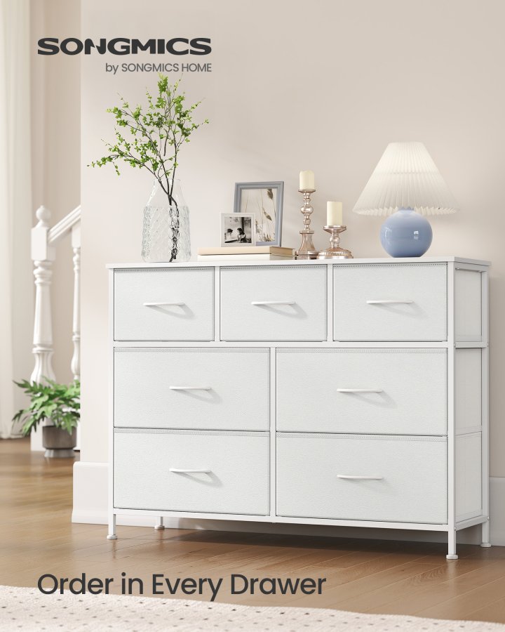 SONGMICS BELLAH Kollektion - Kommode, Opbevaringsm�bel, St�l, Til Sovev�relse, Skab, Entre, Stue, 7 Skuffer, Moderne, Cloud White og Snow White LGS323WH01
