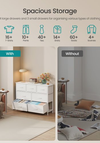 SONGMICS BELLAH Kollektion - Kommode, Opbevaringsm�bel, St�l, Til Sovev�relse, Skab, Entre, Stue, 7 Skuffer, Moderne, Cloud White og Snow White LGS323WH01