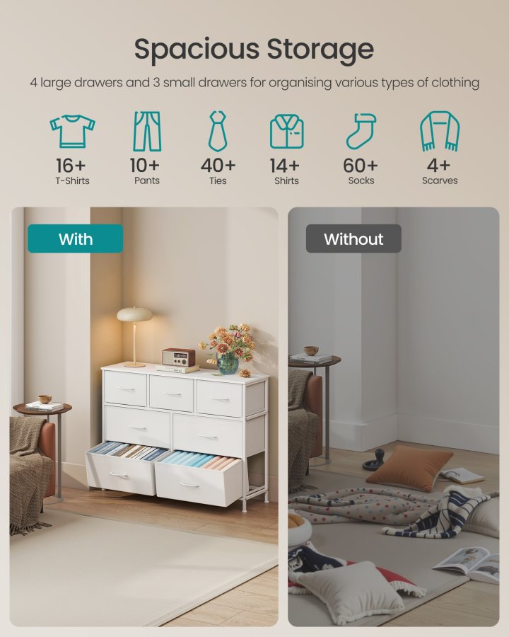 SONGMICS BELLAH Kollektion - Kommode, Opbevaringsm�bel, St�l, Til Sovev�relse, Skab, Entre, Stue, 7 Skuffer, Moderne, Cloud White og Snow White LGS323WH01