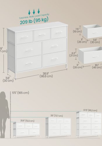 SONGMICS BELLAH Kollektion - Kommode, Opbevaringsm�bel, St�l, Til Sovev�relse, Skab, Entre, Stue, 7 Skuffer, Moderne, Cloud White og Snow White LGS323WH01
