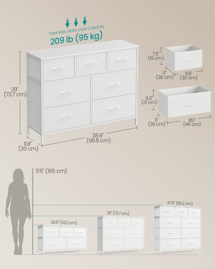 SONGMICS BELLAH Kollektion - Kommode, Opbevaringsm�bel, St�l, Til Sovev�relse, Skab, Entre, Stue, 7 Skuffer, Moderne, Cloud White og Snow White LGS323WH01