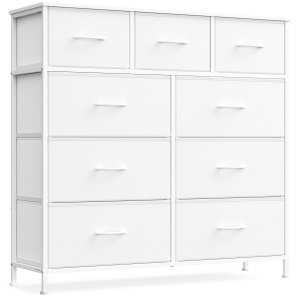 SONGMICS BELLAH Kollektion - Kommode, Opbevaringsm�bel, St�l, Til Sovev�relse, Skab, Entre, Stue, 9 Skuffer, Moderne, Cloud White og Snow White LGS324WH01