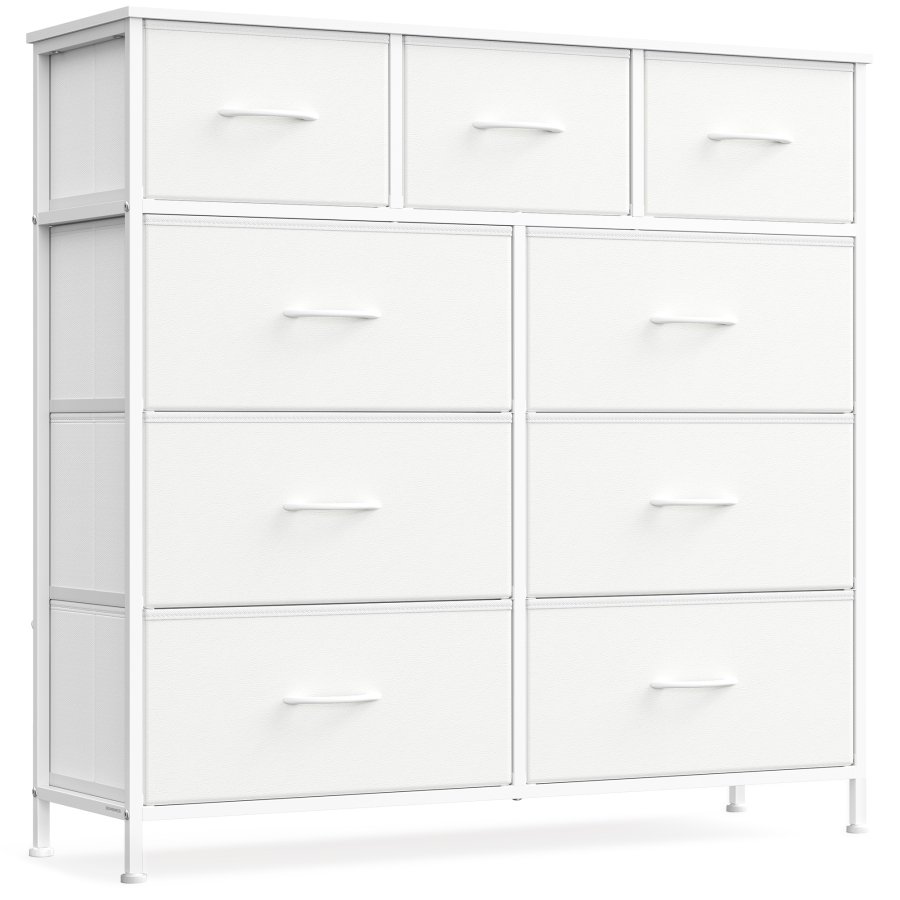 SONGMICS BELLAH Kollektion - Kommode, Opbevaringsm�bel, St�l, Til Sovev�relse, Skab, Entre, Stue, 9 Skuffer, Moderne, Cloud White og Snow White LGS324WH01