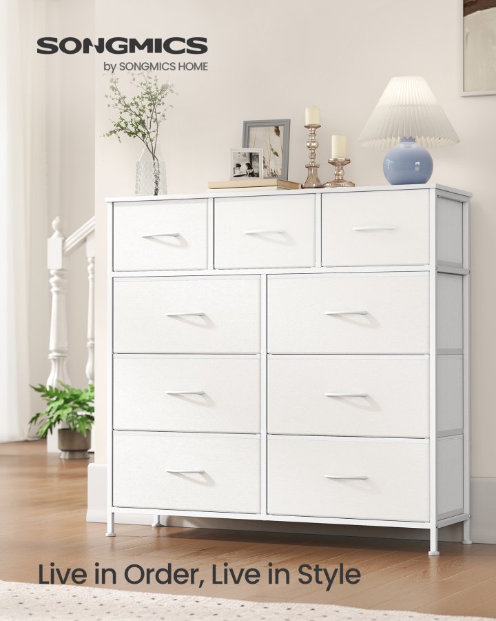 SONGMICS BELLAH Kollektion - Kommode, Opbevaringsm�bel, St�l, Til Sovev�relse, Skab, Entre, Stue, 9 Skuffer, Moderne, Cloud White og Snow White LGS324WH01