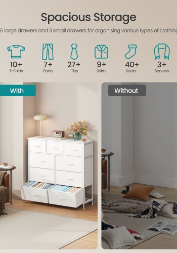 SONGMICS BELLAH Kollektion - Kommode, Opbevaringsm�bel, St�l, Til Sovev�relse, Skab, Entre, Stue, 9 Skuffer, Moderne, Cloud White og Snow White LGS324WH01