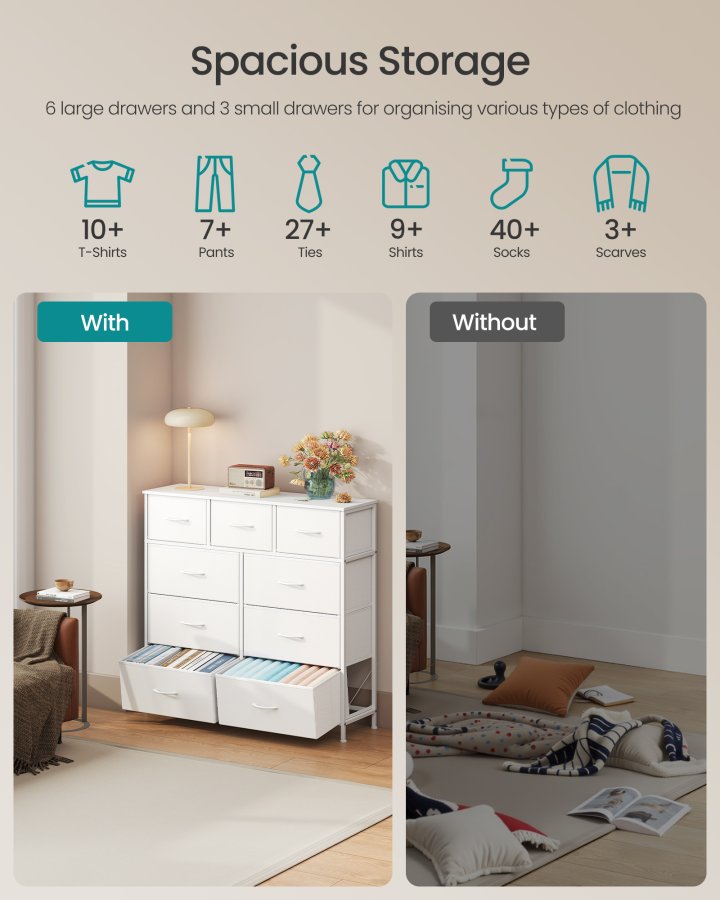 SONGMICS BELLAH Kollektion - Kommode, Opbevaringsm�bel, St�l, Til Sovev�relse, Skab, Entre, Stue, 9 Skuffer, Moderne, Cloud White og Snow White LGS324WH01