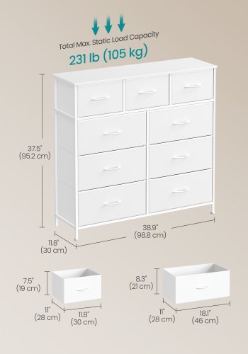 SONGMICS BELLAH Kollektion - Kommode, Opbevaringsm�bel, St�l, Til Sovev�relse, Skab, Entre, Stue, 9 Skuffer, Moderne, Cloud White og Snow White LGS324WH01