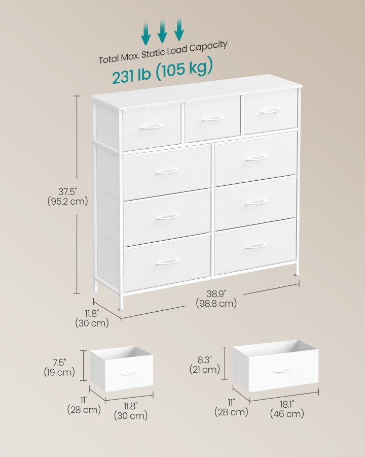 SONGMICS BELLAH Kollektion - Kommode, Opbevaringsm�bel, St�l, Til Sovev�relse, Skab, Entre, Stue, 9 Skuffer, Moderne, Cloud White og Snow White LGS324WH01
