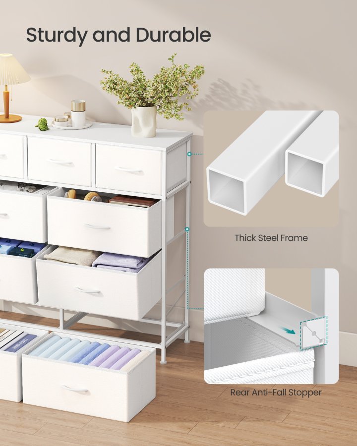 SONGMICS BELLAH Kollektion - Kommode, Opbevaringsm�bel, St�l, Til Sovev�relse, Skab, Entre, Stue, 9 Skuffer, Moderne, Cloud White og Snow White LGS324WH01