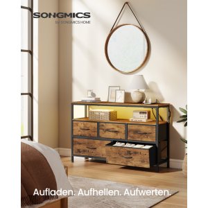 SONGMICS BELLAH Kollektion - Sovev�relseskommode, opbevaringsm�bel, justerbar LED-belysning, str�mskinne, 1 hylde, 5 skuffer, industriel stil, rustik brun og bl�ksort LGS723KD01