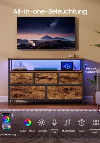 SONGMICS BELLAH Kollektion - Sovev�relseskommode, opbevaringsm�bel, justerbar LED-belysning, str�mskinne, 1 hylde, 5 skuffer, industriel stil, rustik brun og bl�ksort LGS723KD01