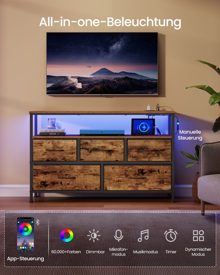SONGMICS BELLAH Kollektion - Sovev�relseskommode, opbevaringsm�bel, justerbar LED-belysning, str�mskinne, 1 hylde, 5 skuffer, industriel stil, rustik brun og bl�ksort LGS723KD01