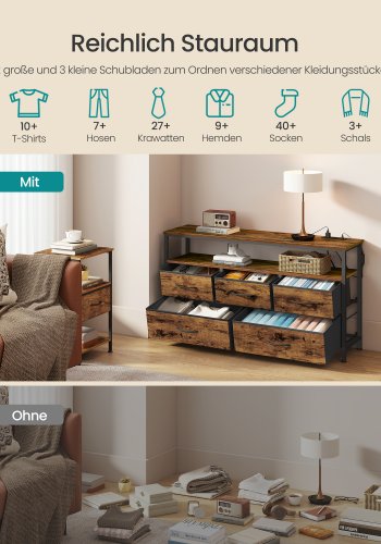 SONGMICS BELLAH Kollektion - Sovev�relseskommode, opbevaringsm�bel, justerbar LED-belysning, str�mskinne, 1 hylde, 5 skuffer, industriel stil, rustik brun og bl�ksort LGS723KD01