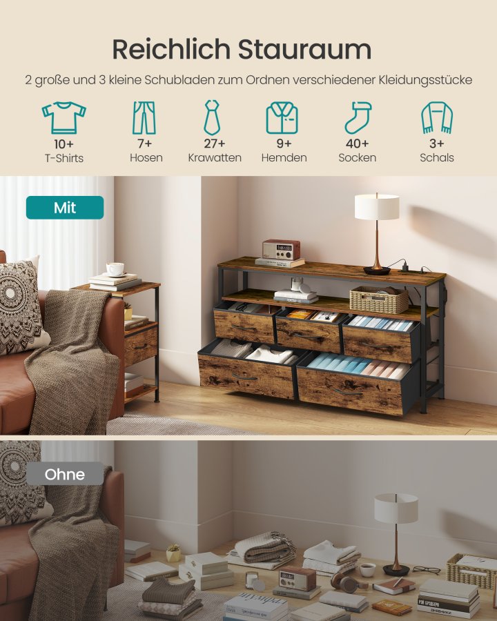 SONGMICS BELLAH Kollektion - Sovev�relseskommode, opbevaringsm�bel, justerbar LED-belysning, str�mskinne, 1 hylde, 5 skuffer, industriel stil, rustik brun og bl�ksort LGS723KD01
