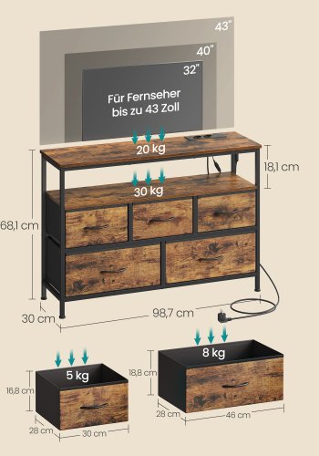 SONGMICS BELLAH Kollektion - Sovev�relseskommode, opbevaringsm�bel, justerbar LED-belysning, str�mskinne, 1 hylde, 5 skuffer, industriel stil, rustik brun og bl�ksort LGS723KD01