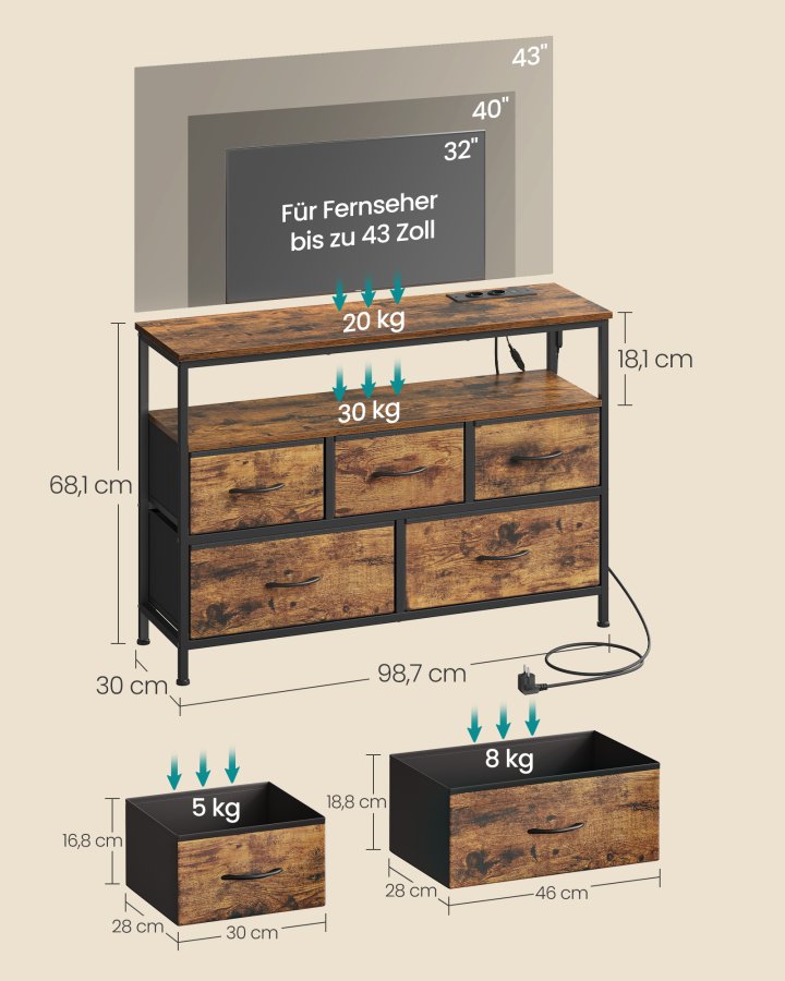 SONGMICS BELLAH Kollektion - Sovev�relseskommode, opbevaringsm�bel, justerbar LED-belysning, str�mskinne, 1 hylde, 5 skuffer, industriel stil, rustik brun og bl�ksort LGS723KD01