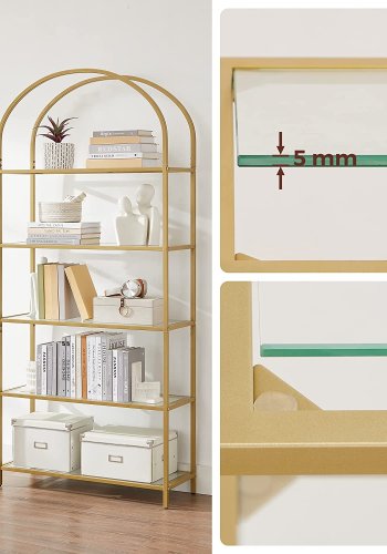 VASAGLE reol, m. 5 glashylder - guld stl