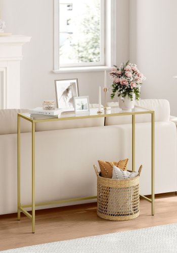 VASAGLE Konsolentisch, Flurtisch, Beistelltisch f�r Sofa, Tischplatte aus geh�rtetem Glas, Metallgestell, verstellbare Beine, f�r Wohnzimmer, Flur, hellgold und transparent LGT132A01