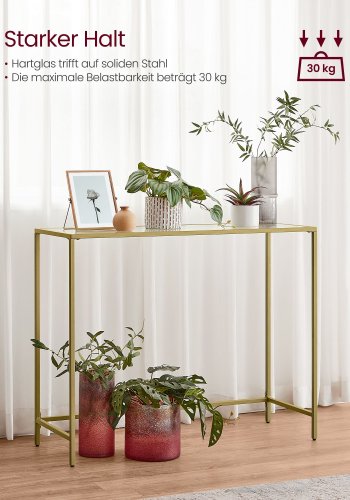 VASAGLE Konsolentisch, Flurtisch, Beistelltisch f�r Sofa, Tischplatte aus geh�rtetem Glas, Metallgestell, verstellbare Beine, f�r Wohnzimmer, Flur, hellgold und transparent LGT132A01