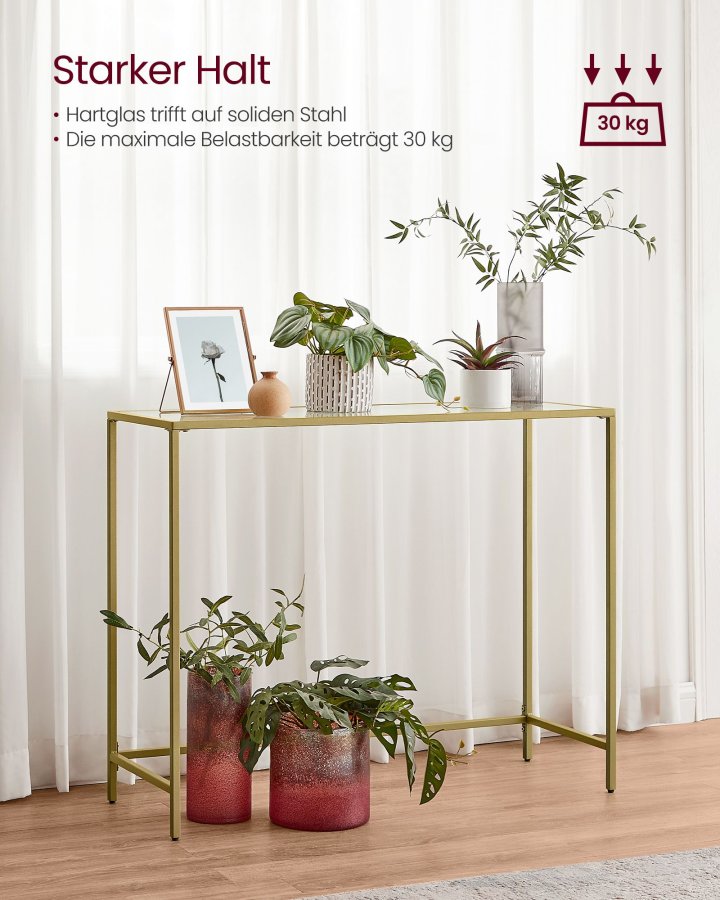 VASAGLE Konsolentisch, Flurtisch, Beistelltisch f�r Sofa, Tischplatte aus geh�rtetem Glas, Metallgestell, verstellbare Beine, f�r Wohnzimmer, Flur, hellgold und transparent LGT132A01