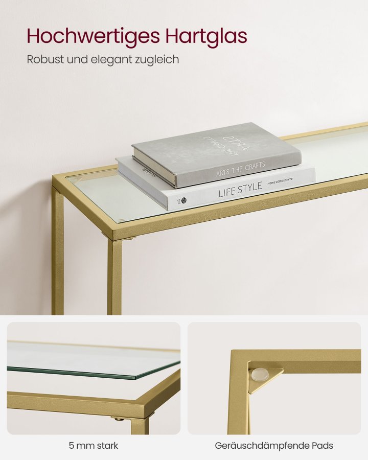 VASAGLE Konsolentisch, Flurtisch, Beistelltisch f�r Sofa, Tischplatte aus geh�rtetem Glas, Metallgestell, verstellbare Beine, f�r Wohnzimmer, Flur, hellgold und transparent LGT132A01