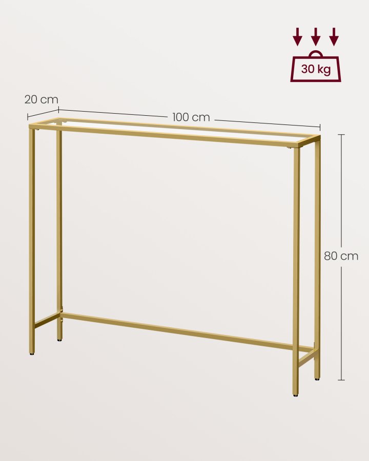 VASAGLE Konsolentisch, Flurtisch, Beistelltisch f�r Sofa, Tischplatte aus geh�rtetem Glas, Metallgestell, verstellbare Beine, f�r Wohnzimmer, Flur, hellgold und transparent LGT132A01