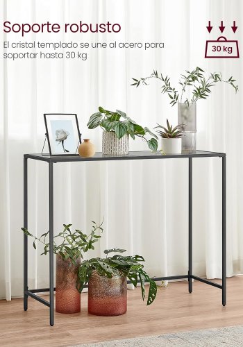 VASAGLE Inngangskonsoll, Konsollbord, Herdet glassplate, Robust og stabil ramme, Justerbare f�tter, For stue, Gang, Blekksvart og Skifergr� LGT132B01