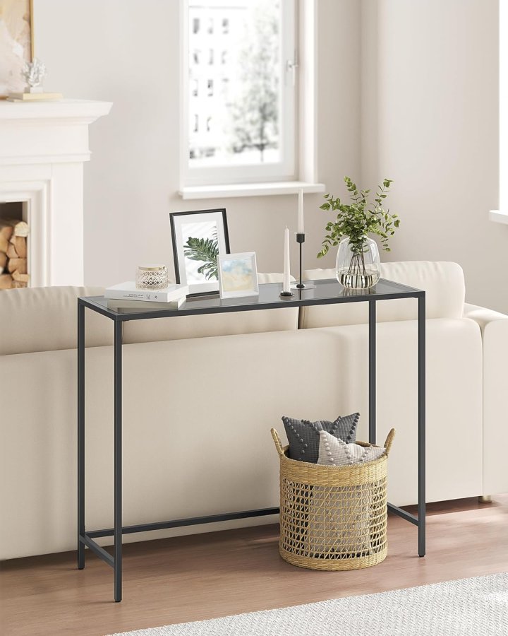 VASAGLE Inngangskonsoll, Konsollbord, Herdet glassplate, Robust og stabil ramme, Justerbare f�tter, For stue, Gang, Blekksvart og Skifergr� LGT132B01